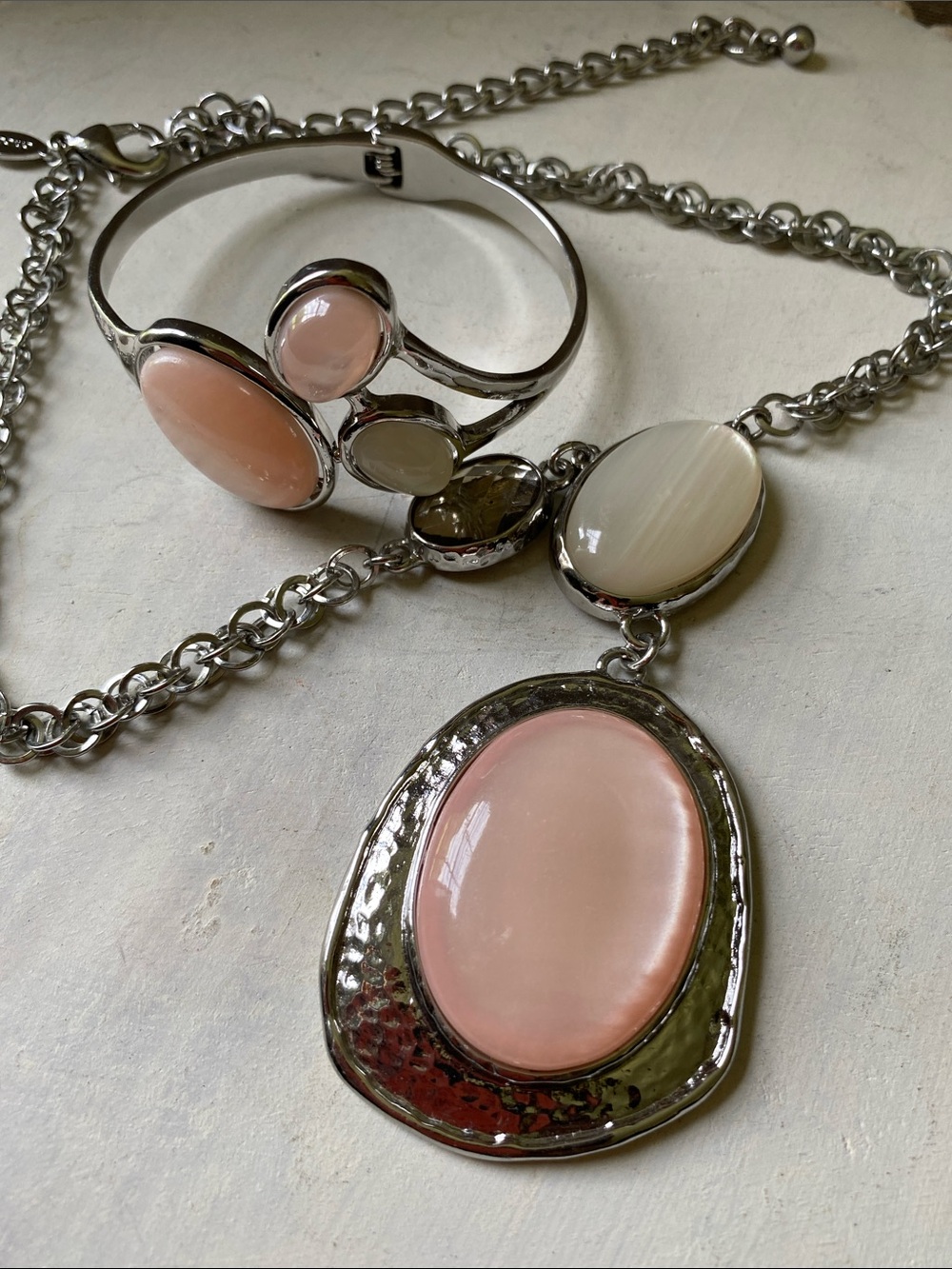 Chico’s Silver tone Necklace and Bracelet with Pink and Iridescent Stones